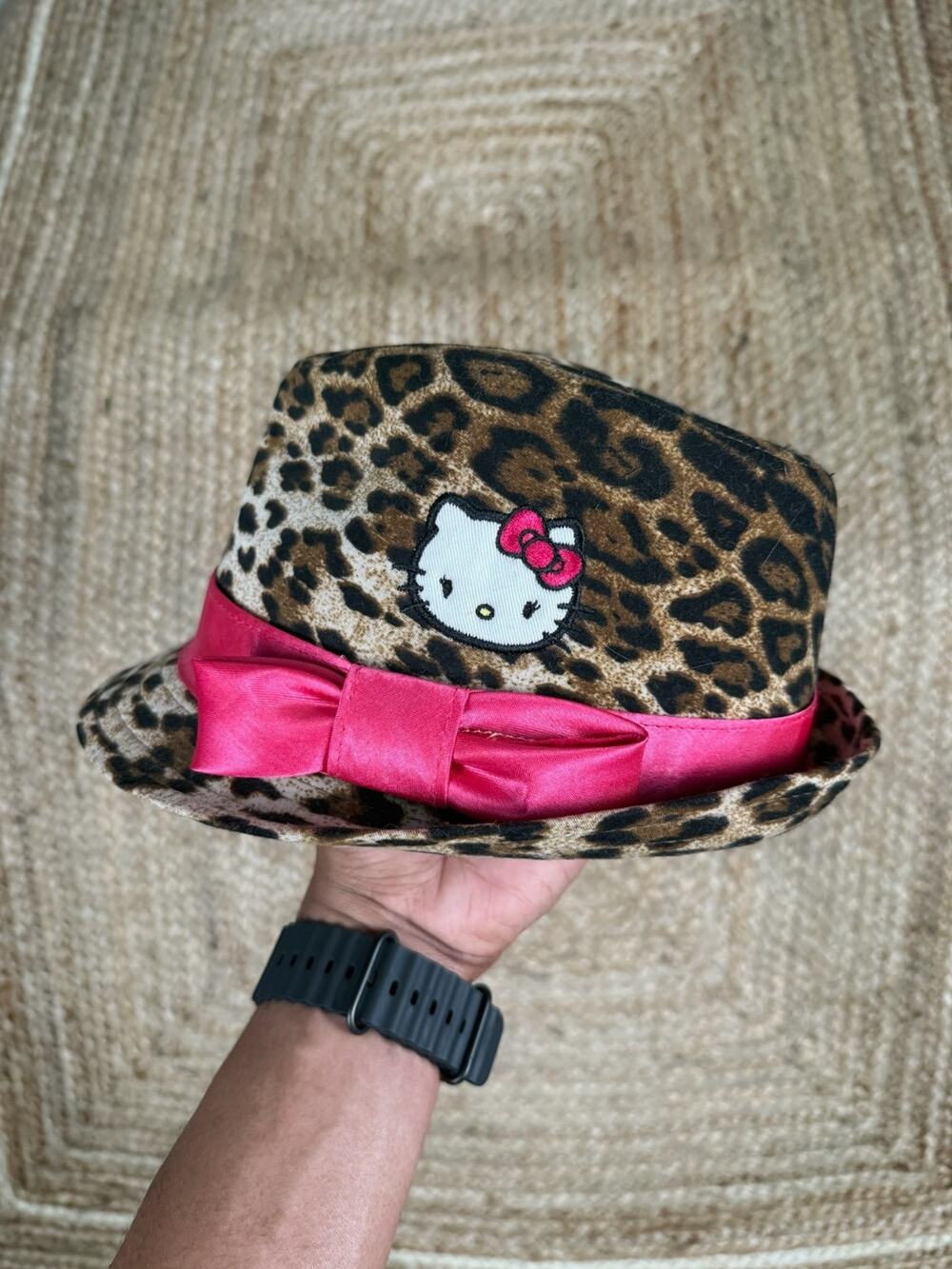 Hello Kitty Girls Fedora Hat Leopard Print Pink Ribbon One Size